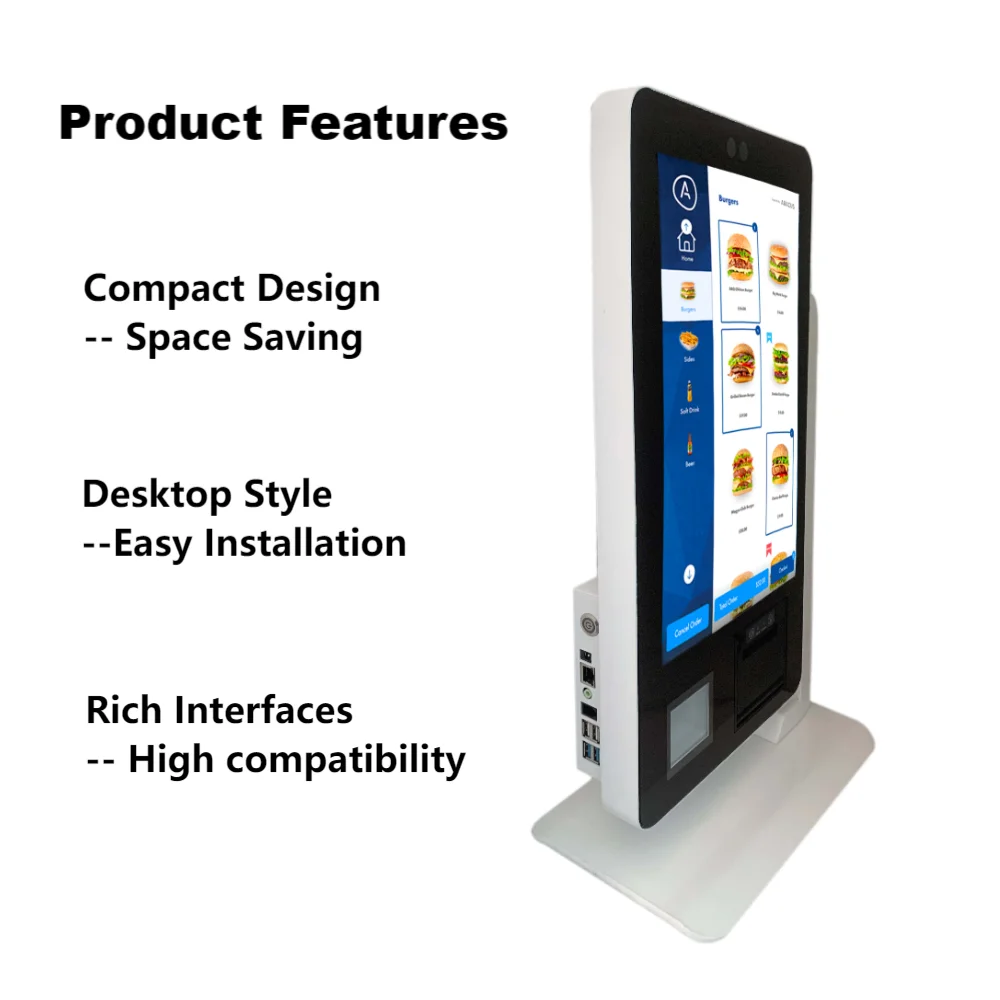 Desktop 15.6 Inch Touch Screen Kiosk Restaurant Self Ordering Machine with 2D Scanner & 58mm Printer Unattended Payment Terminal