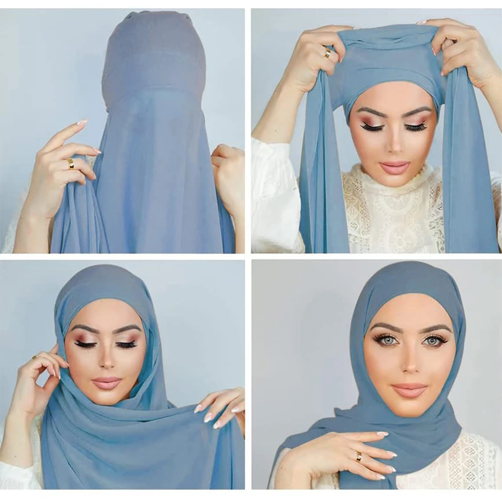 Feminino muçulmano chiffon hijab com boné gorro instantâneo chiffon hijabs xale cabeça cachecol underscarf bonés capa headwrap