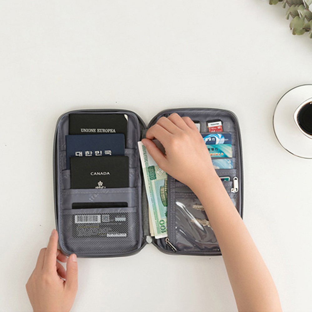 Organizador de documentos de viagem - Porta-passaporte à prova d'água com bloqueio RFID, slots para vários cartões e bolso com zíper para avião/trem