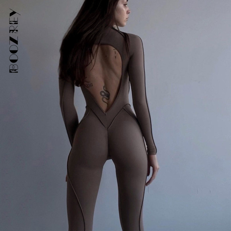 BoozRey Mode Kontrast Stich Backless Bodycon Overall Sport Ein Stück Outfits Frühling Dünne Bodycon 2022 Frauen Streetwear