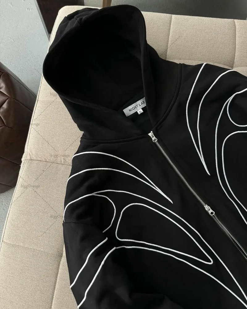 Sudadera con capucha de gran tamaño con bordado de empalme a rayas, ropa nueva americana, tendencia de calle, marca, doble cremallera, sudadera con cremallera negra