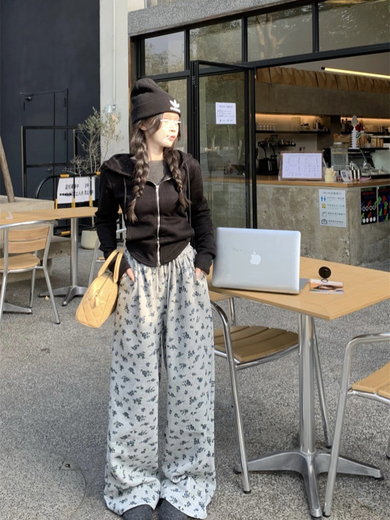 花柄カジュアルパンツルーズワイドレッグ巾着ハイウエストロングポリエステル繊維2023秋シーズン通勤スタイル