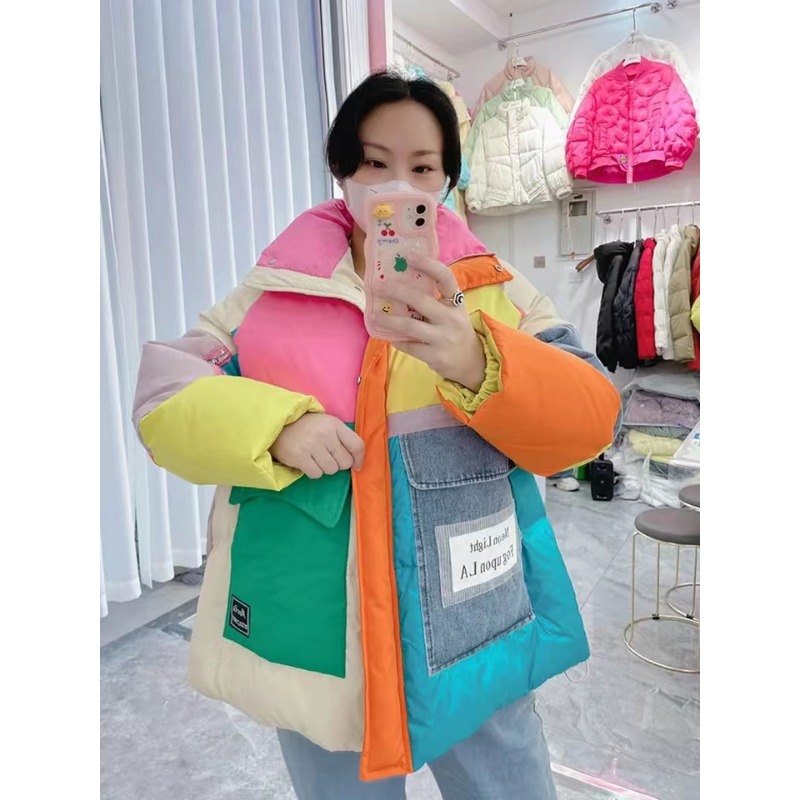 Overs ize Denim gespleißt Daunen jacke Frauen große Taschen Wintermantel Reiß verschluss Patchwork Puffer Jacke hochwertige wind dichte Verdickung