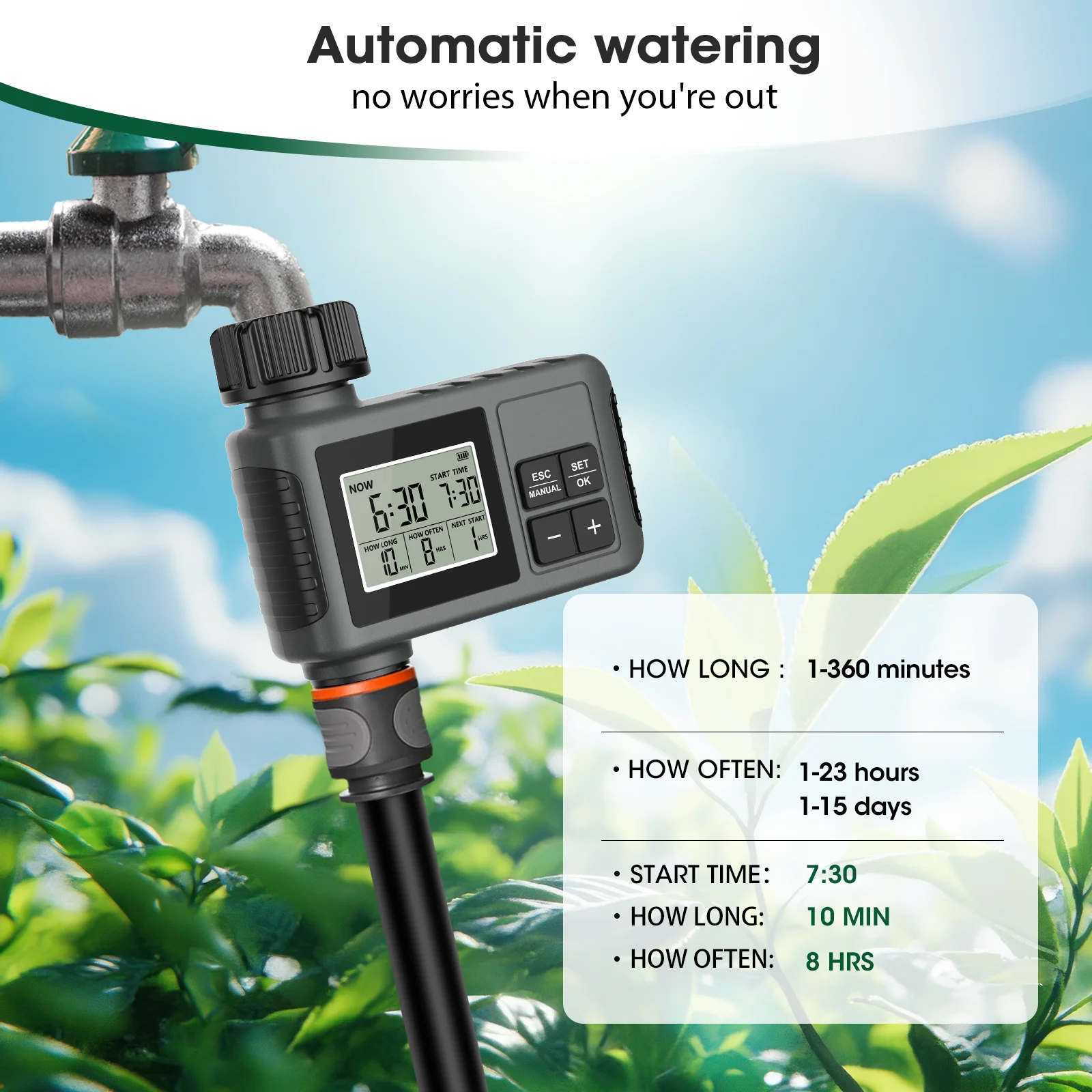 Insoma Automatischer Wassertimer Intelligentes Bewässerungssystem Sprinkler-Timer Gartenprogrammierer Ausrüstung IPX7 LCD-Display