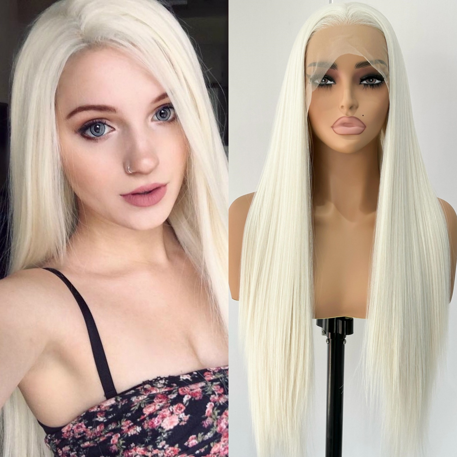 Blonde pruik Rechte synthetische kant Lijmloze pruik Lang blond synthetisch haar Kanten pruiken voor vrouwen Platina wit blond
