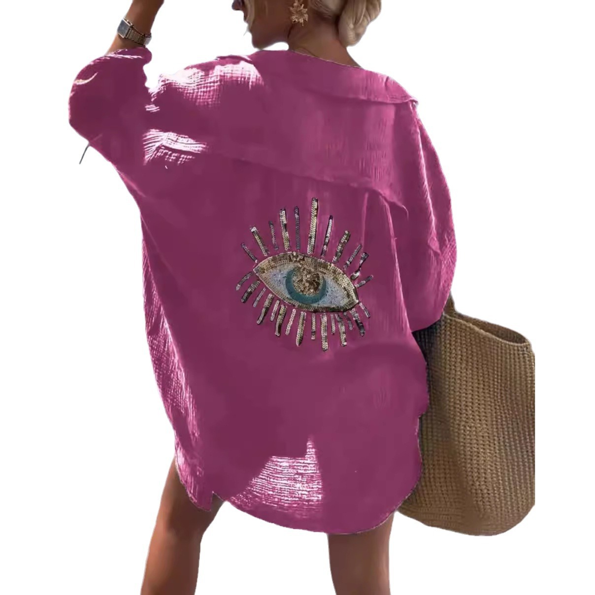 Vestido camisero informal de verano con lentejuelas para mujer, vestido camisero de lino y algodón con botones holgados estilo playero a la moda, Tops para mujer