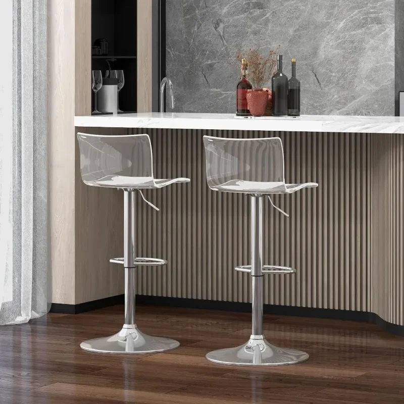Acrylic Bar Stools with Mid Back, Set of 2, Transparent Adjustable Swivel Airlift Barstools, Counter Height Bar Chairs for