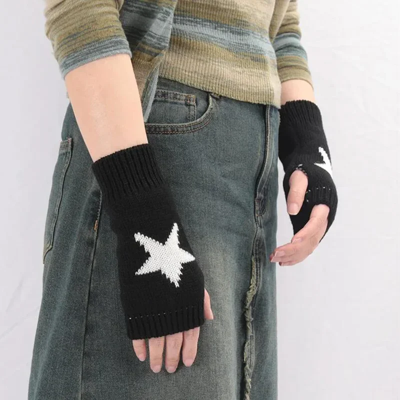 Y2K 黒ゴシック女性ニット暖かいハーフ手袋秋冬指なし手袋ロリータ少女白ロリータアクセサリーミトン
