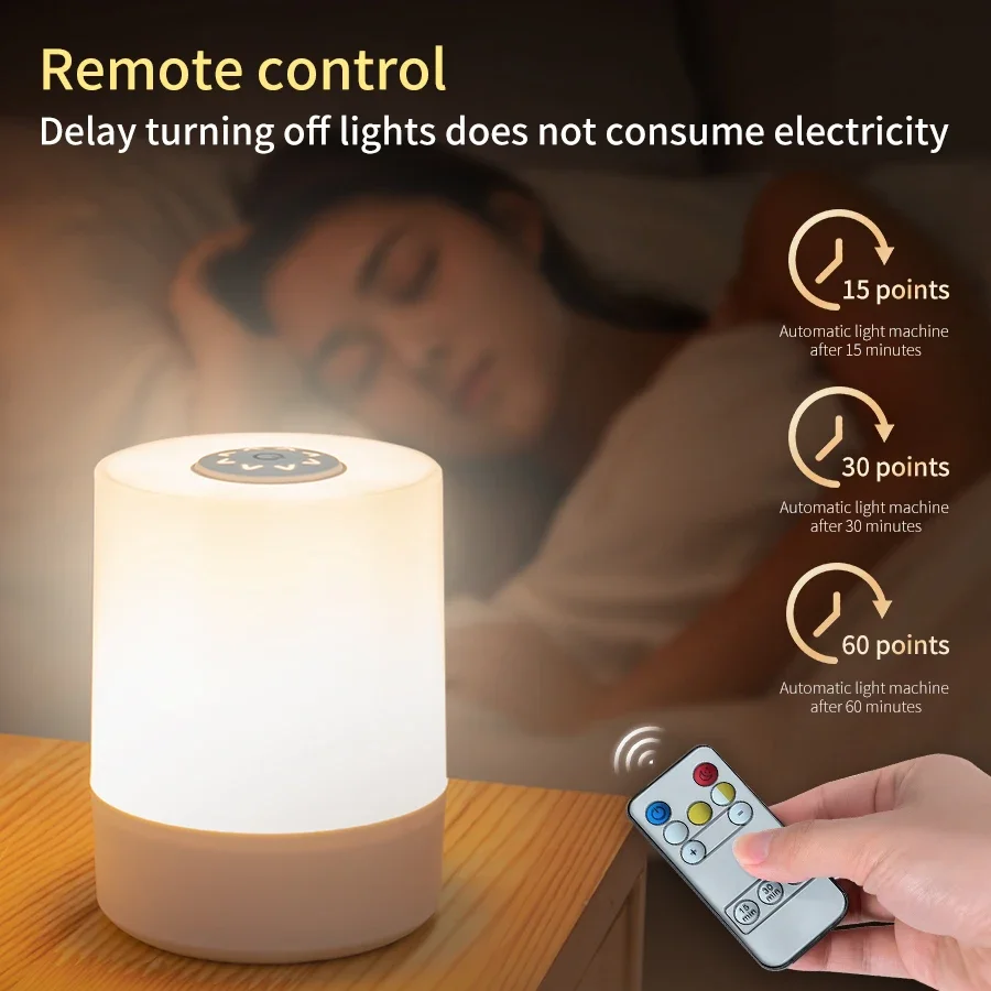 Lámpara LED de noche con Interruptor táctil, Control remoto, recargable, tres colores, luz regulable, sincronización, mesita de noche, luces de mesa de lectura para dormir