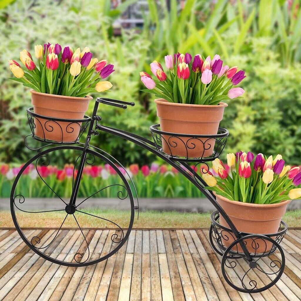 Suporte de planta de bicicleta de 3 camadas Suporte de vaso de flores de metal para pátio de jardim doméstico