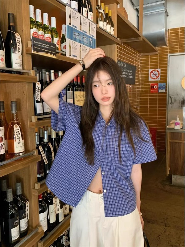 Csa Casual Azul de Manga Curta para Mulheres, Estilo Retro Americano, Nova Csa com Botões em Fibra de Poliéster