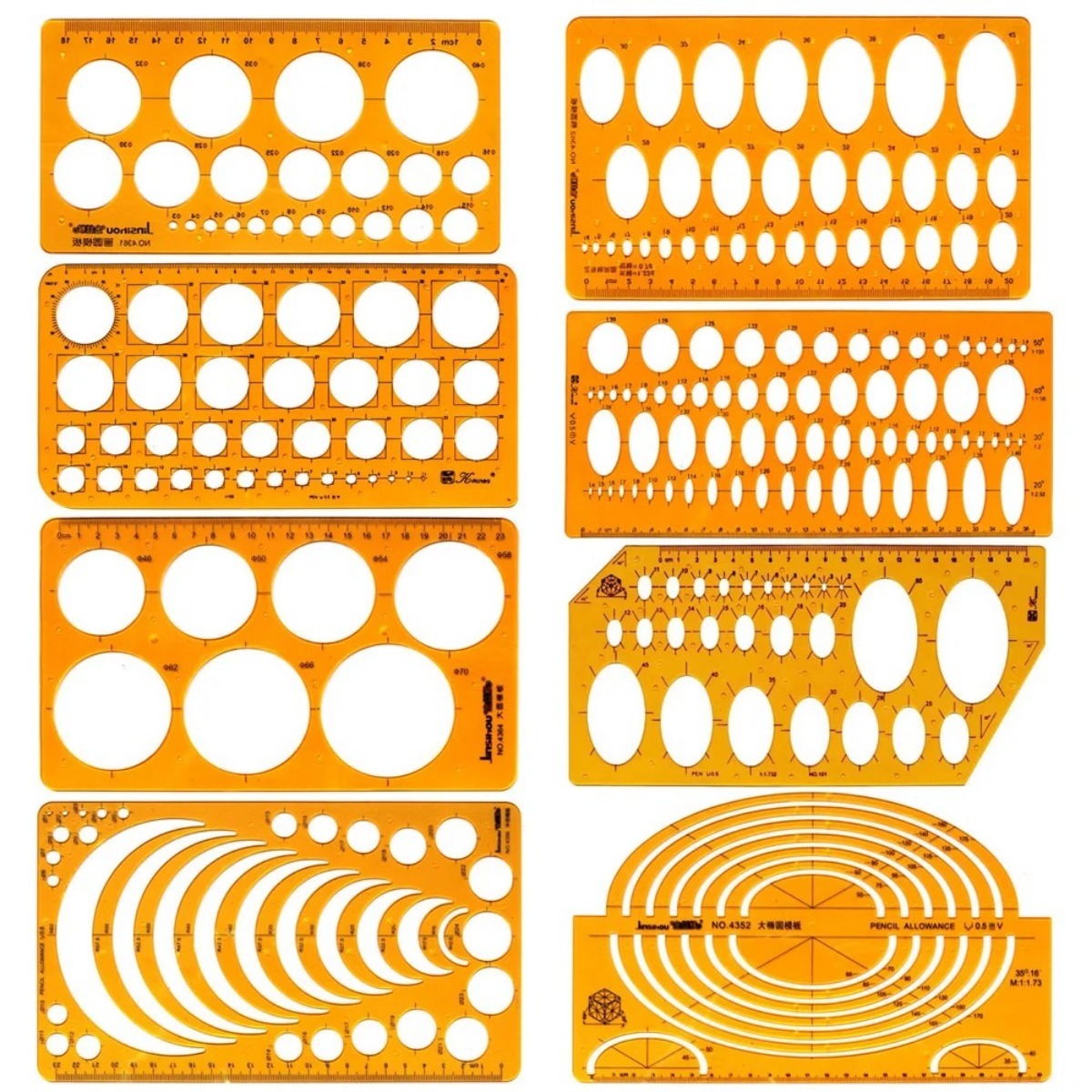 Architectural Drafting Template Set - Round & Oval Shapes, Resin Design Rulers for Furniture and Building Plans, Office Supplies