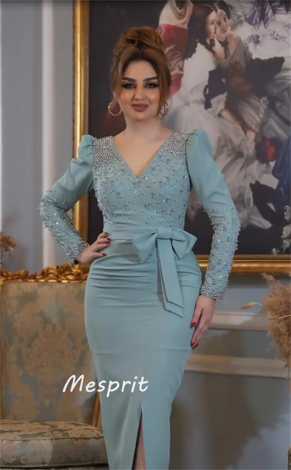ที่กําหนดเอง Mesprit Elegant Simple V คอ Sheath ประดับด้วยลูกปัด Paillette/Sequins Bows ข้อเท้าความยาว Charmeuse ชุดราตรี