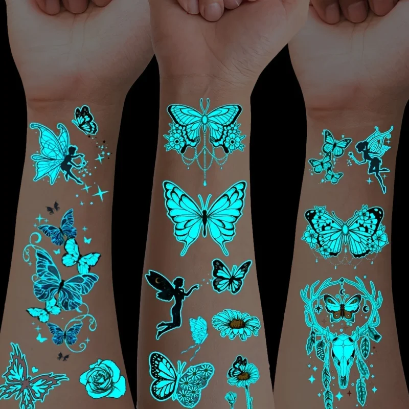 12 Blatt Schmetterling leuchtende temporäre Tätowierung blau im Dunkeln leuchtende Tattoo-Aufkleber für Frauen Hände Gesicht Tattoo Musik Party Dekor