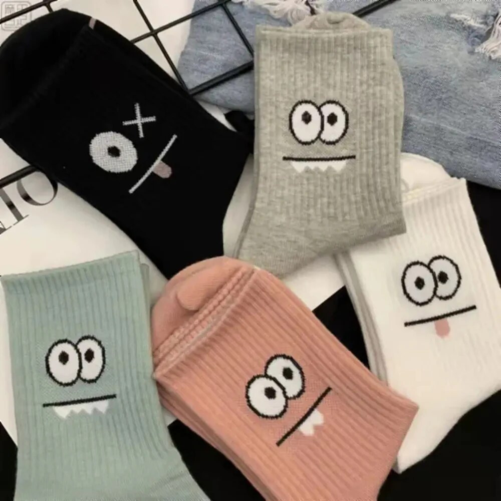 5 Pairs Women's Cute Expression Printed Ankle Socks Comfort Interesting Spring Autumn Medium Tube Sock Kawaii Girls' Short Socks