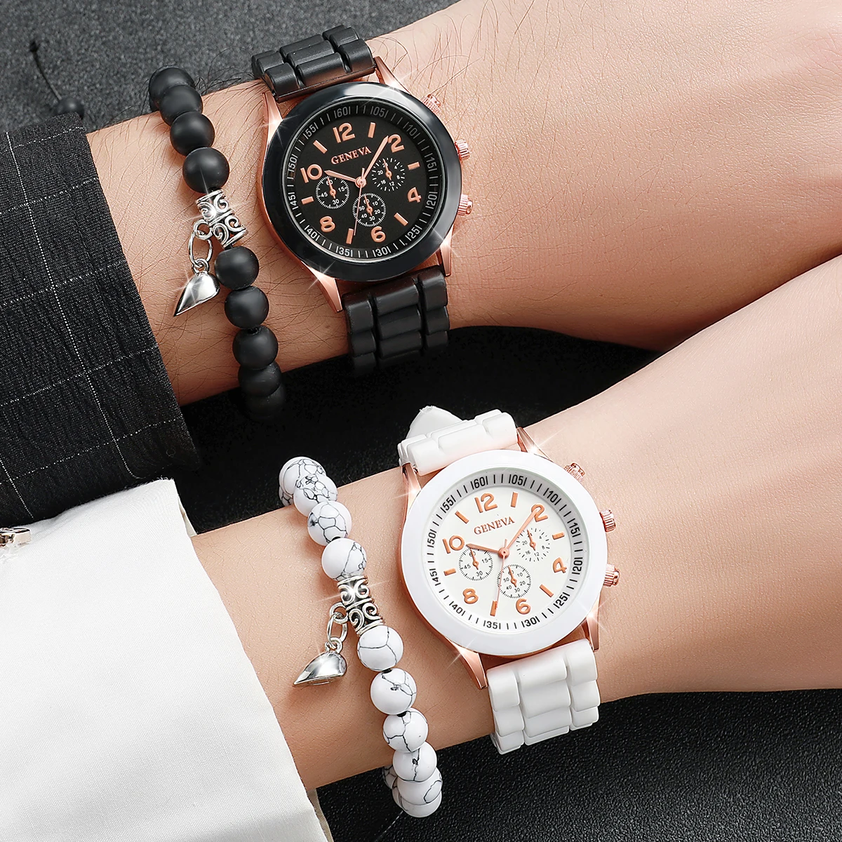 4 pçs/set Moda Casal Silicone Relógio de Quartzo com Amante Beads Pulseira
