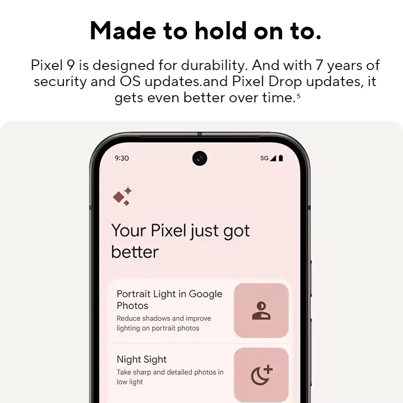 Telefon Google Pixel 9 5G Pojedyncza karta Nano SIM i eSIM 6,3 cala 120 Hz Ekran 12 GB + 256 GB Pamięć 4700 mAh Bateria 50 MP Aparat Android 13