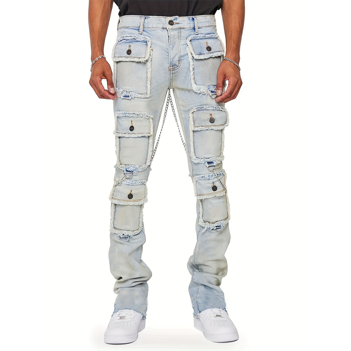 Multi-Pocket-Cargo-Jeans Y2k Herren-Jeans Stretch-Hose mit geradem Bein Vintage-Hose Overalls Lässige High-Street-Hip-Hop-Jeans