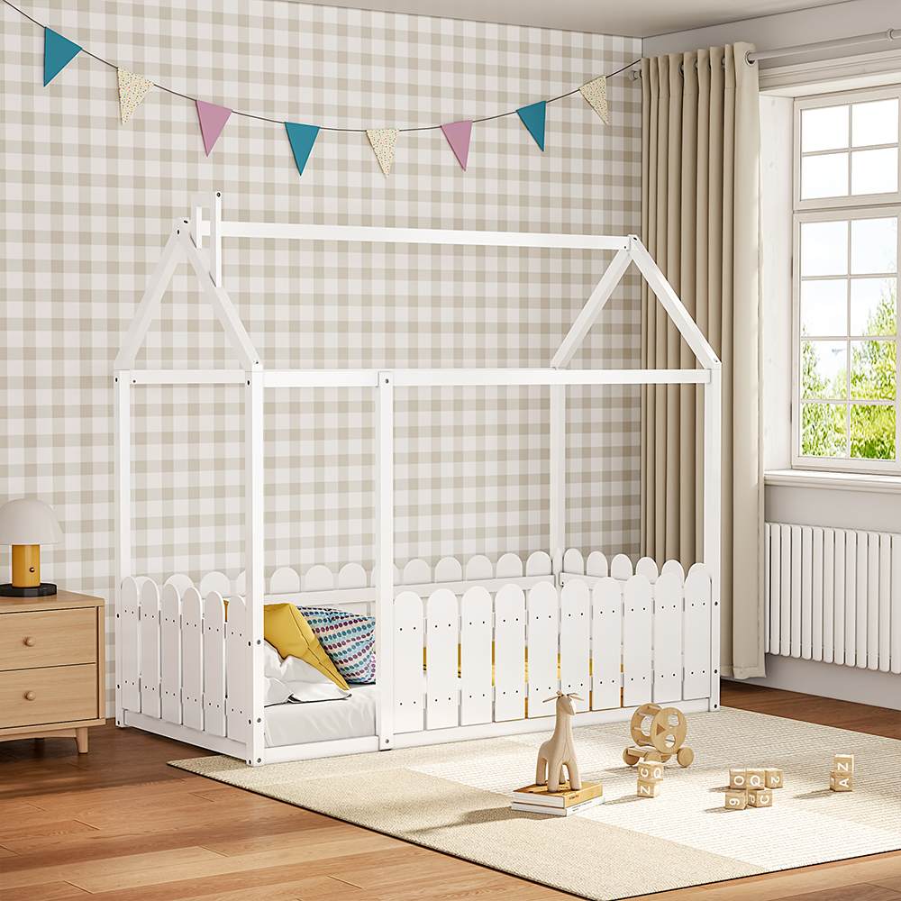 Wooden House Toddler Bed with Fence and Roof