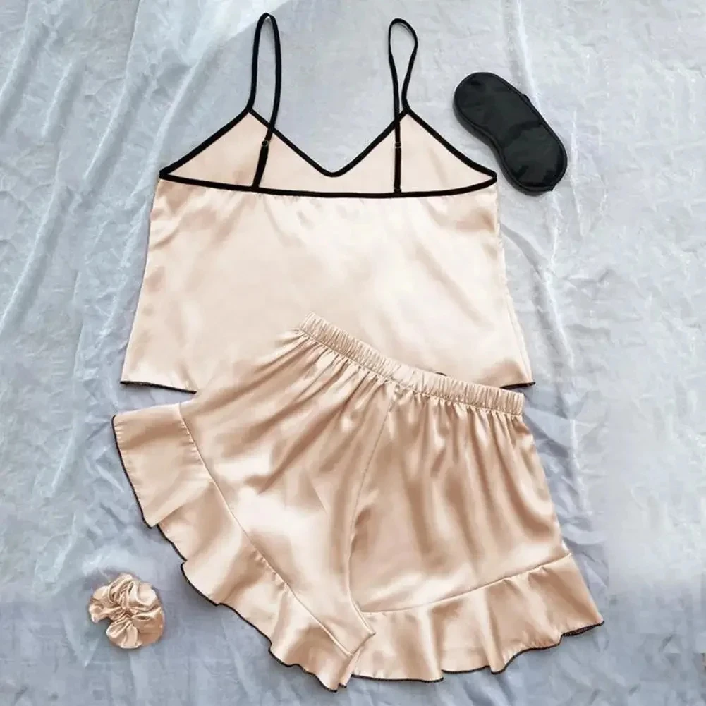 Pijama feminino de cetim liso, camiseta com decote em v, bordas com babados e shorts com laço, conjunto de pijama simples e respirável, roupas para casa