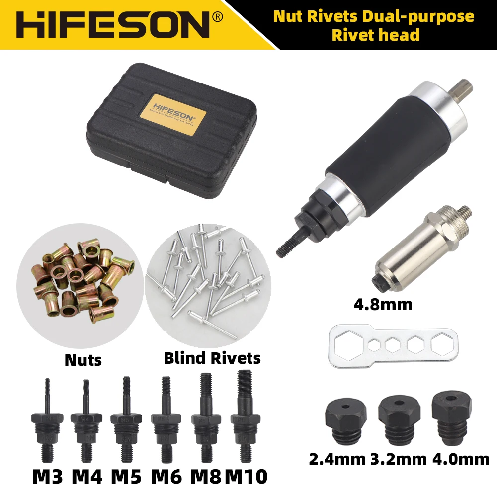 Hifeson m3m4m5m6m8m10 dupla utilização porcas de rebite arma rebites cegos rebitador adaptador elétrico ferramenta de rebitagem para 2.4mm 3.2mm 4.0mm 4.8mm
