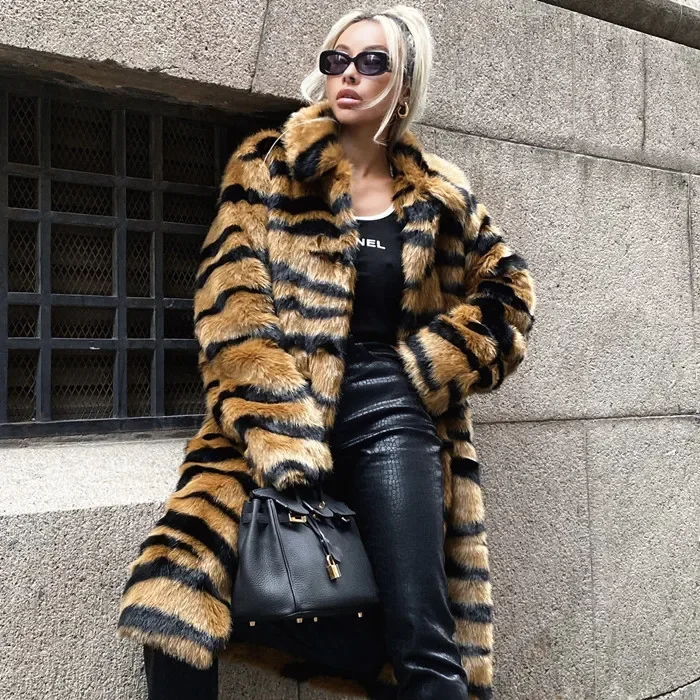 Casaco de pele de imitação de pele imitação de tigre padrão de pele alongada casacos de pele artificial outono inverno quente moda casual casaco