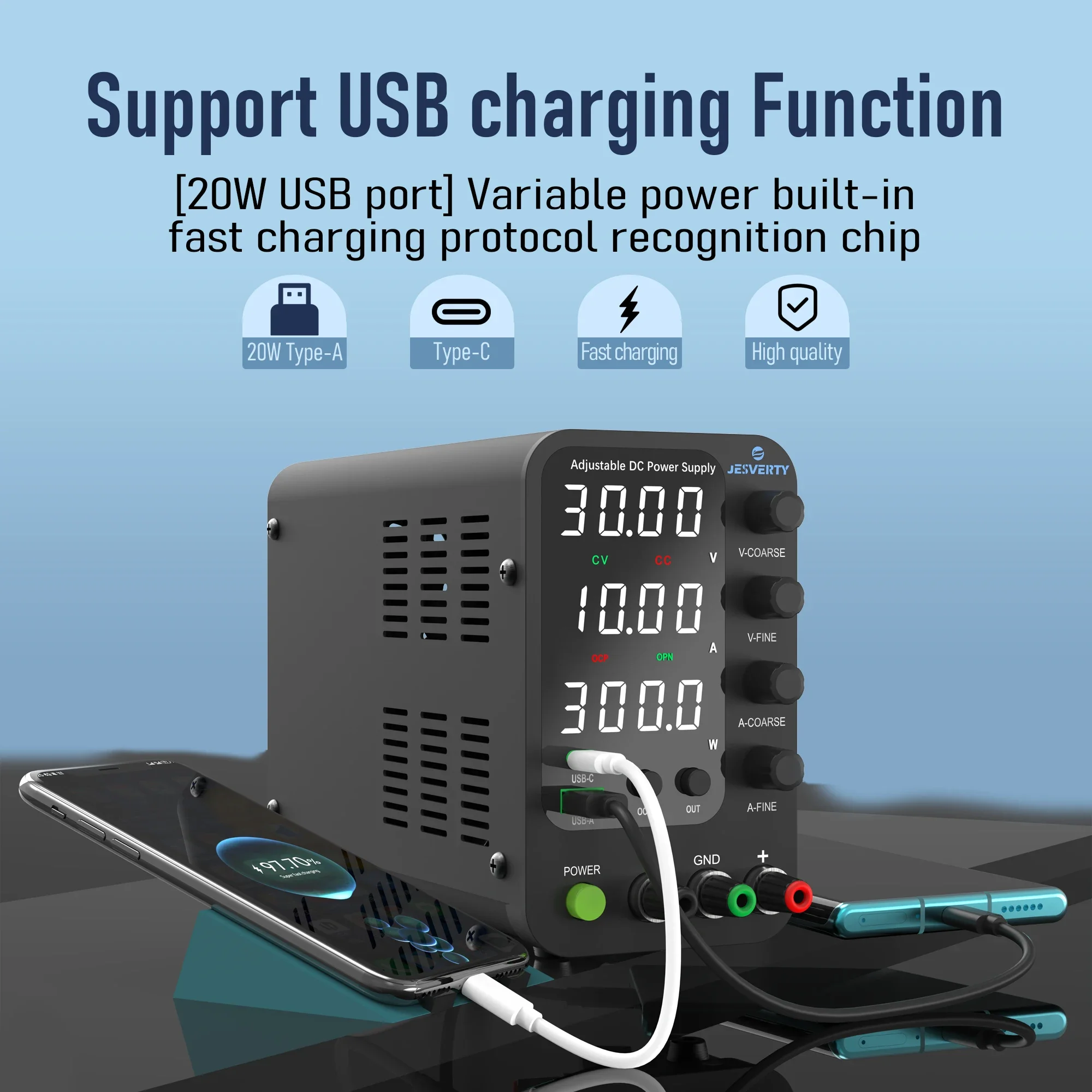 Jesverty DC Lab Power Supply 30V 60V 120V Bench Power Supply Encoder Regulate Voltage and Current Dual Input Voltage 220V/110V