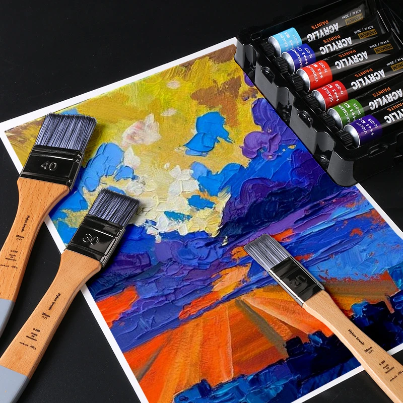 1 ชิ้นหัวแบนภาพวาดสีน้ํามันอะคริลิคแถวแปรง Gouache สีน้ําศิลปินสีผนังภาพวาดไนลอน Beech Rod แปรงทําความสะอาด