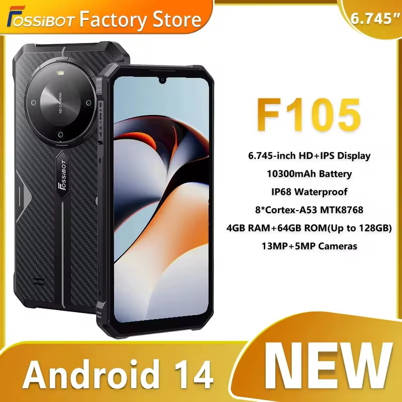 Fossibot f105 smartphone robusto android 14 12gb + 64gb telefone móvel 6.745 "hd + display ips câmera de 20mp 10300mah telefone celular