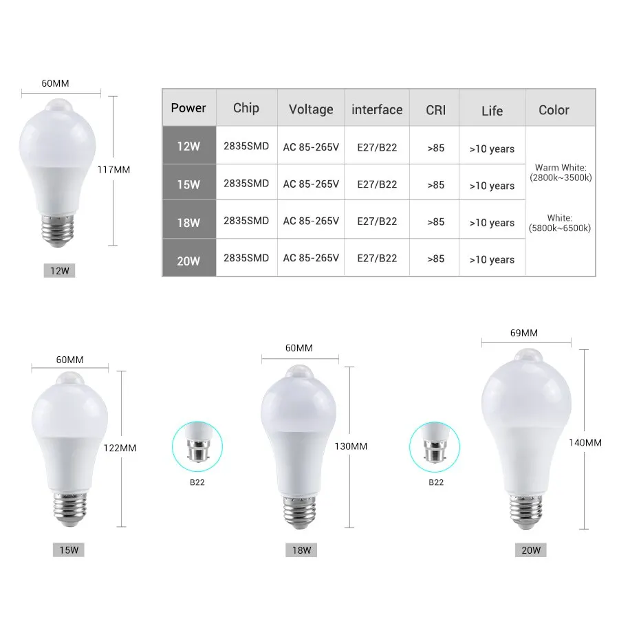 Lampadine con sensore di movimento PIR E27 12W 15W 18W 20W Lampada a LED Auto Smart Infrarossi B22 Lampadina a LED a risparmio energetico Bombillas Portico Luce