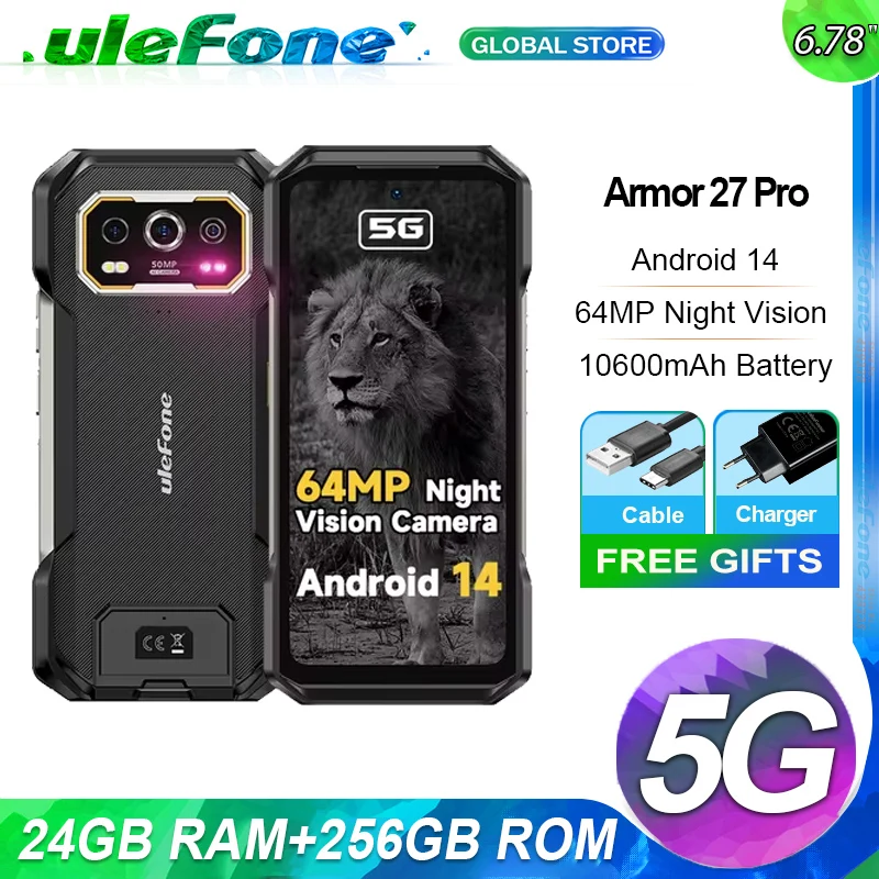Ulefone Armor 27 Pro 5Gโทรศัพท์10600MAhสมาร์ทโฟน50MPกล้อง64MP Night Android 14สูงสุด24GB + 256GB NFCโทรศัพท์กันน้ํา