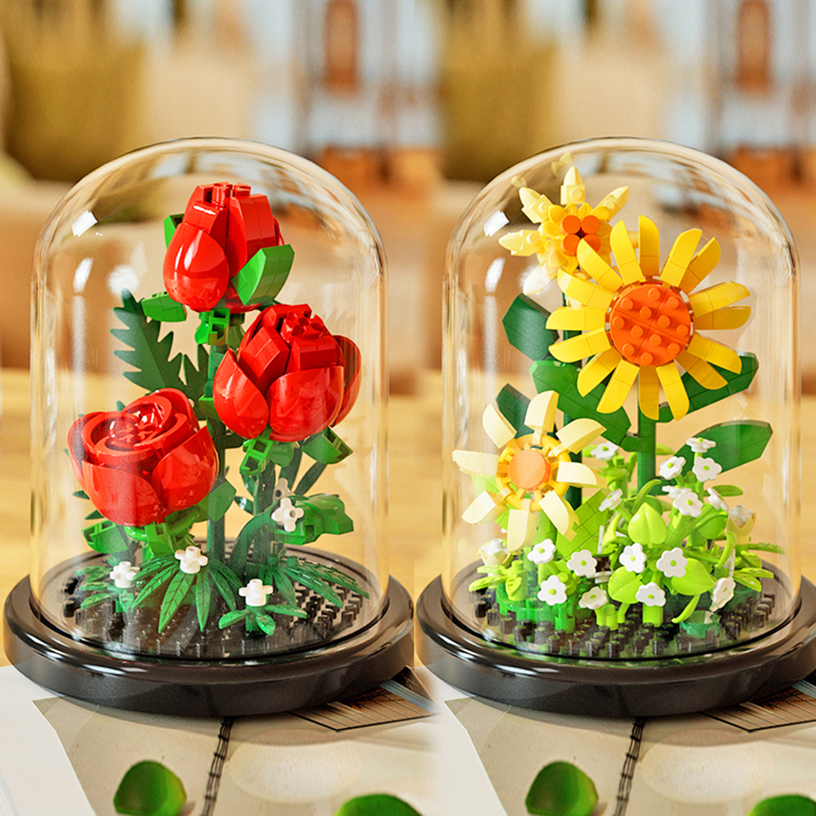 Assemblage de blocs de construction, pots de plantation (avec cache-poussière), plantes, roses, tournesols, tulipes, jouets modèles, cadeaux de noël
