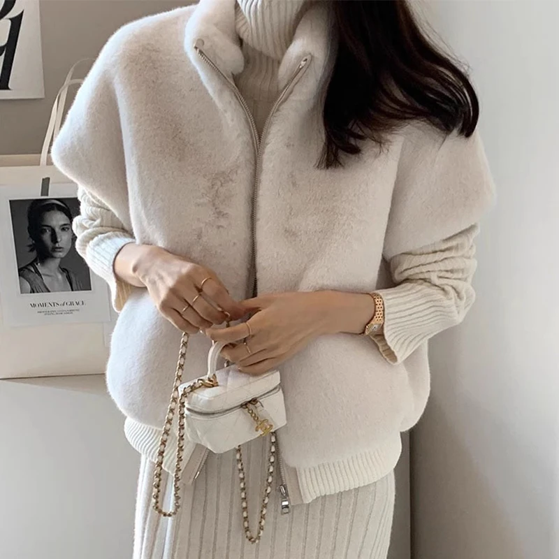 Colete de Pele Sintética Vintage Simples com Gola Alta para Outono e Inverno, Estilo Versátil com Zíper para Mulheres