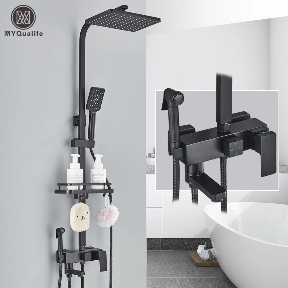 Đen Brass Vòi Hoa Sen Vòi Set Lượng Mưa Bồn Tắm Tap Với Phòng Tắm Kệ 4 Chức Năng Chiều Cao Điều Chỉnh Vòi Hoa Sen Mixer Cần Cẩu Delivey Nhanh