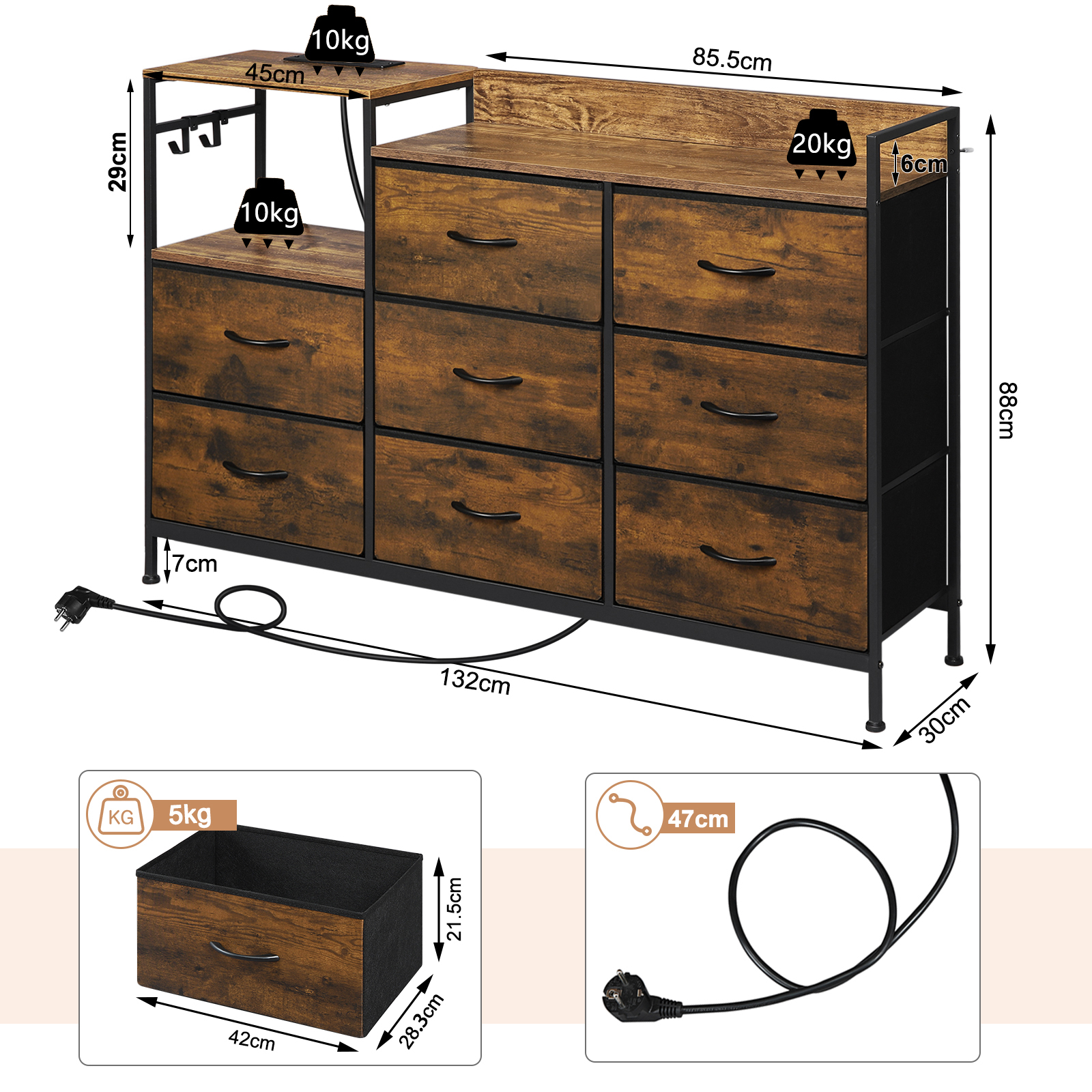 Home Organization Storage Cabinet 8 Drawer Chest with Charging Station Fabric Drawers Hooks for Living Room Bedroom
