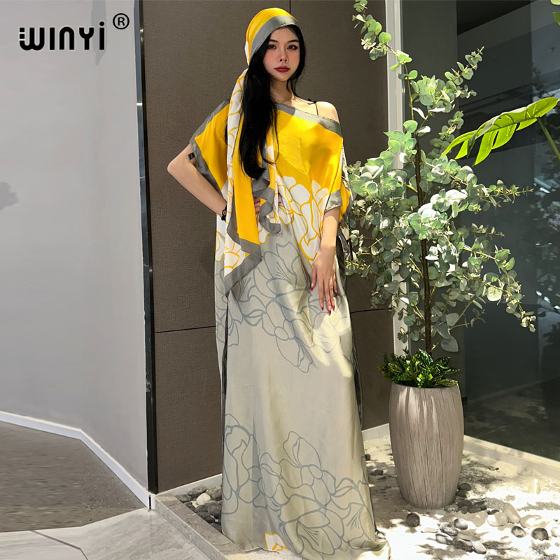 Winyi neuen Stil Seide lose afrikanische Frauen Kleidung Dubai muslimischen Dashiki Kaftan Mode druck Design mit Schal lose Strand kleid