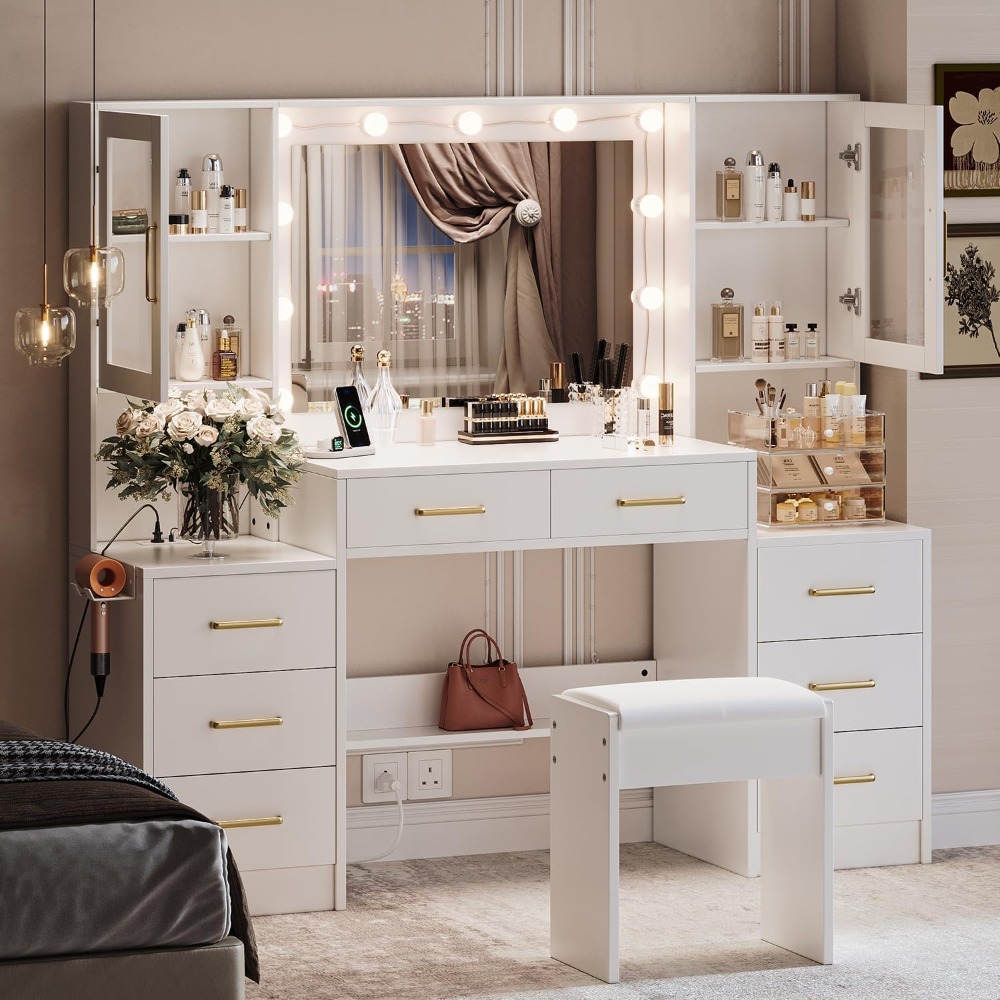 White Vanity with Mirror, Light, and Charging Station, 58.3-inch Vanity with 3 Lighting Modes, 8 Drawers, 2 Cabinets