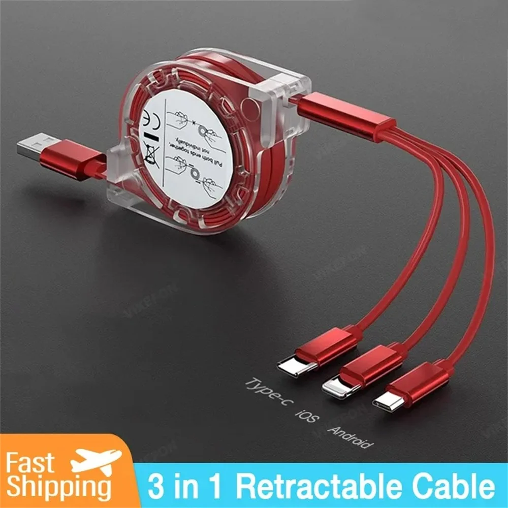 Cable USB de datos retráctil 3 en 1, carga rápida para iPhone tipo C, Micro USB para Android, Xiaomi, Huawei, Samsung, Cable cargador USB