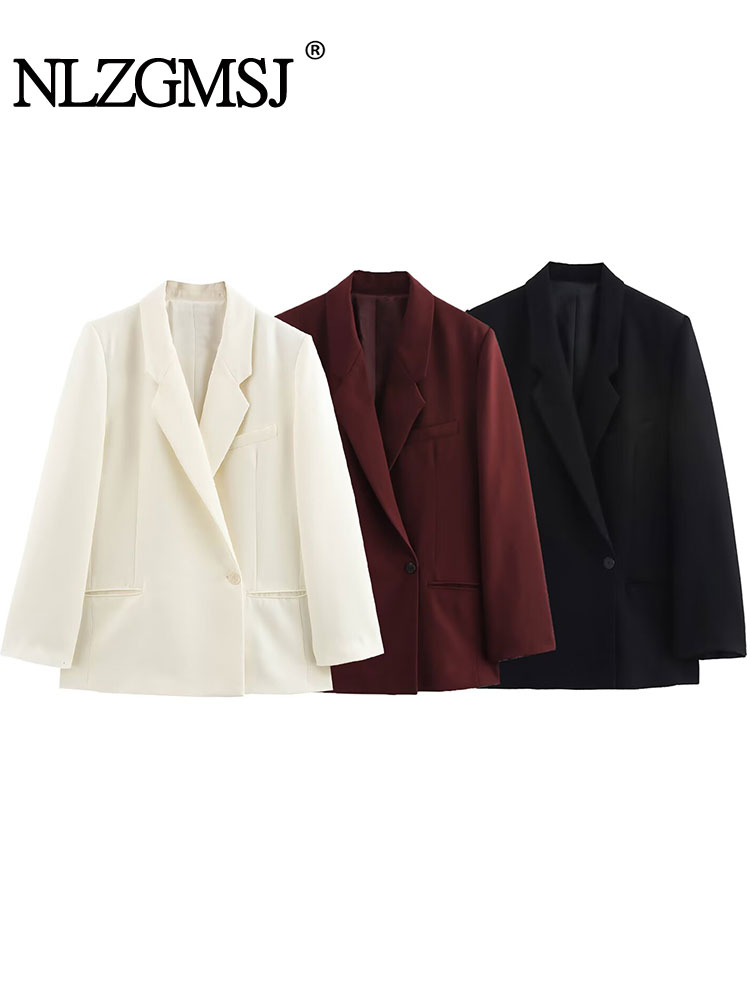 NLZGMSJ 2025 Frühling frauen Büro Blazer Solide Taschen V-ausschnitt Langarm Single Button Blazer Mode Outwears