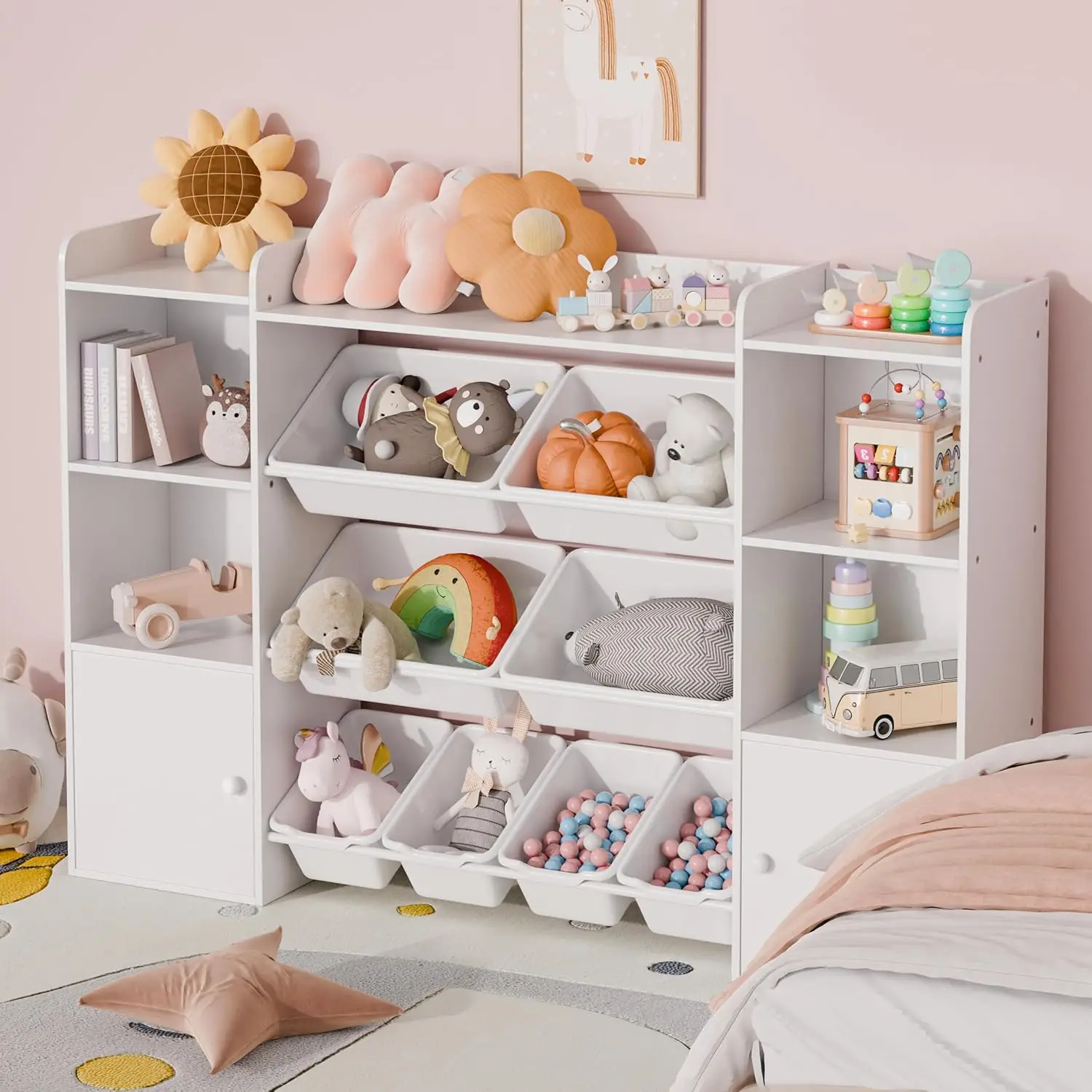 Kids Toy Storage Organizer W/8 Removable Bins, 4-Tier Organizers W/6 Storage Cubbies, Kids Bookshelf and