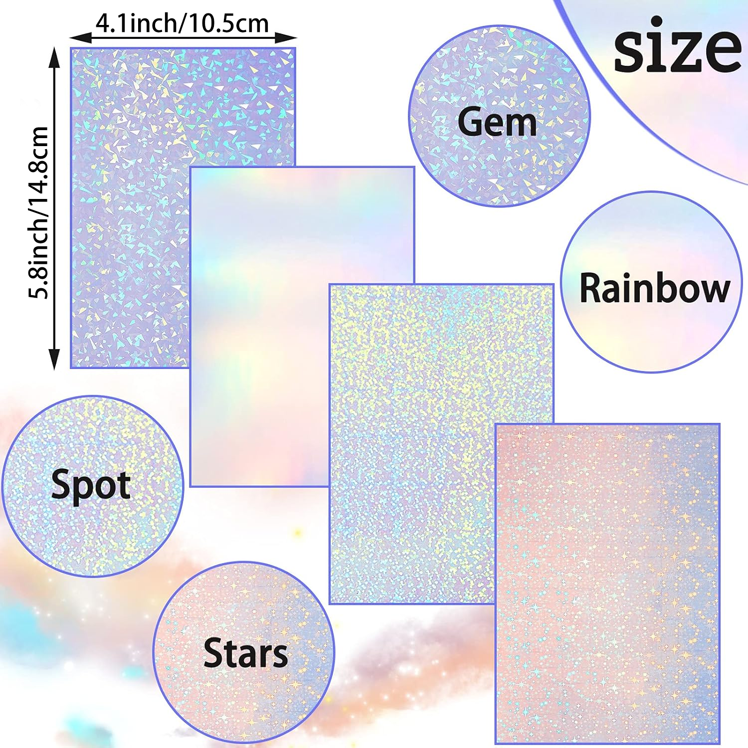 50 Sheets Holographic Vinyl Sticker Paper Clear A6 Self Adhesive Waterproof Cold Lamination Film Gem Rainbow Sand Star Patterns