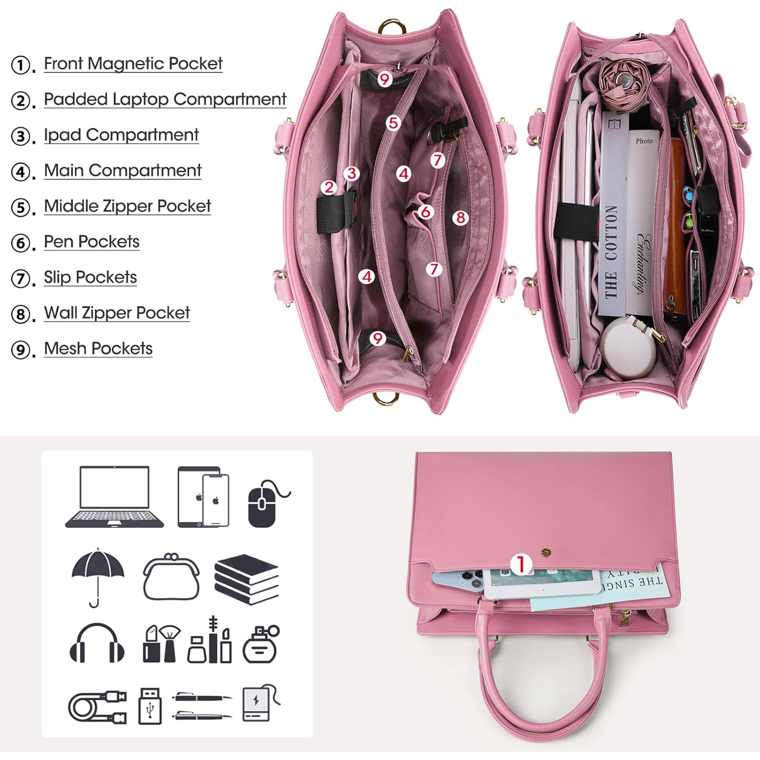 Large Capacity Laptop Bag for Women 15.6 Inch Laptop Tote Bag Leather Work Bag Waterproof Briefcase Business Office Computer Bag