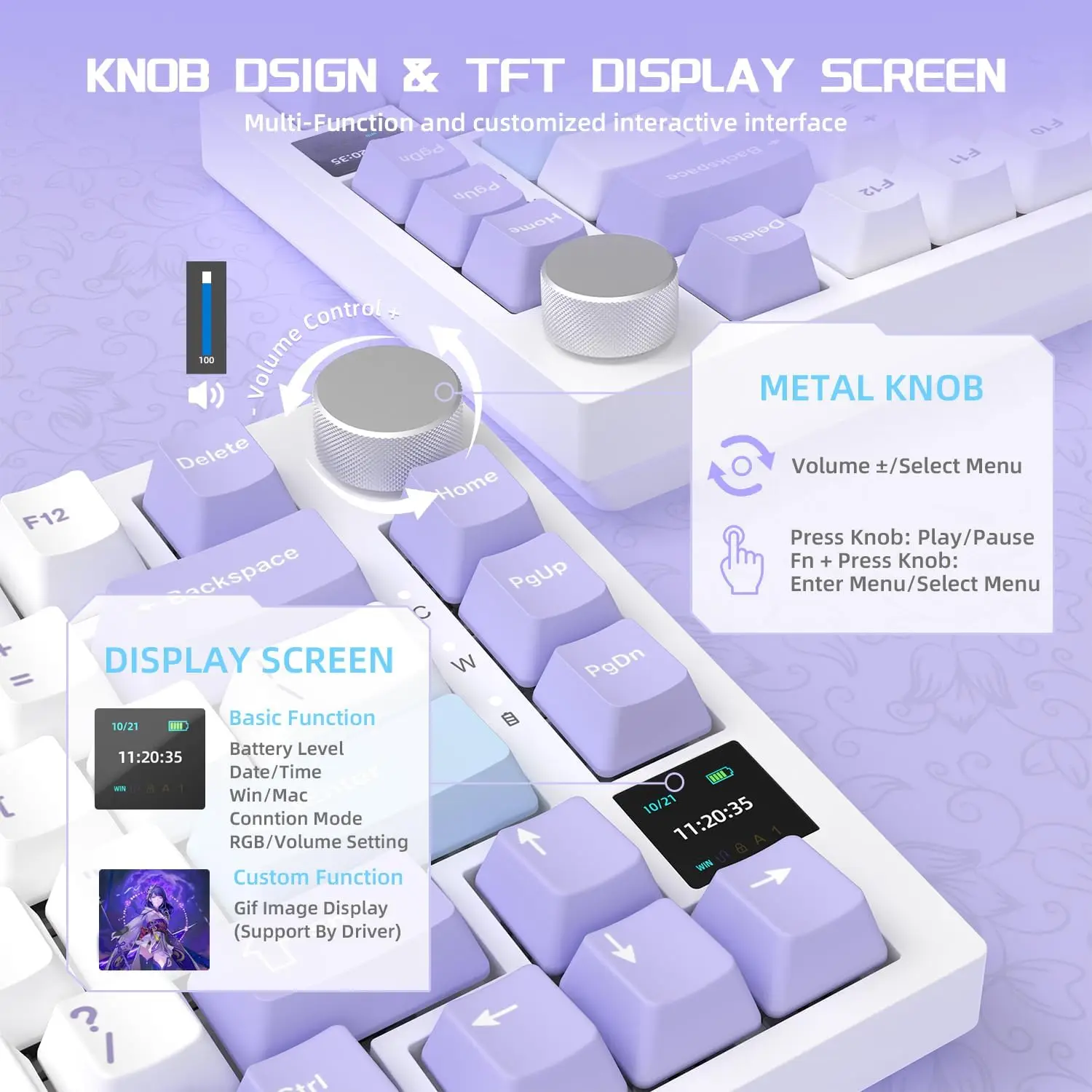 AJAZZ AK820 Tastiera da gioco meccanica cablata con layout al 75% con manopola del volume, LED frontale sud, copritasti PBT, RGB programmabile