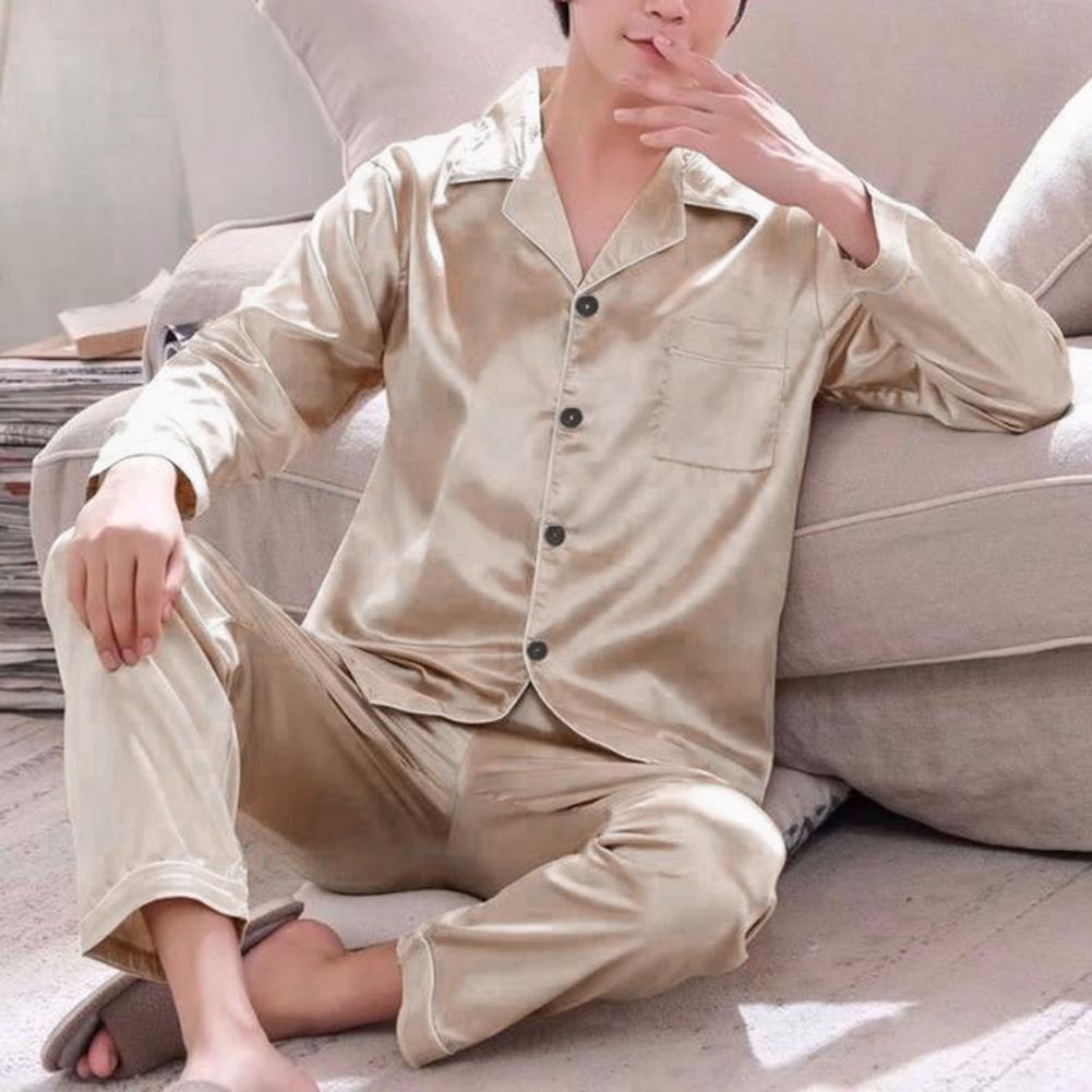 1 Juego de pijamas cómodos para hombre, pijamas de seda helada para hombre, conjunto de pijamas con botones de ajuste relajado de Color sólido, ropa para el hogar