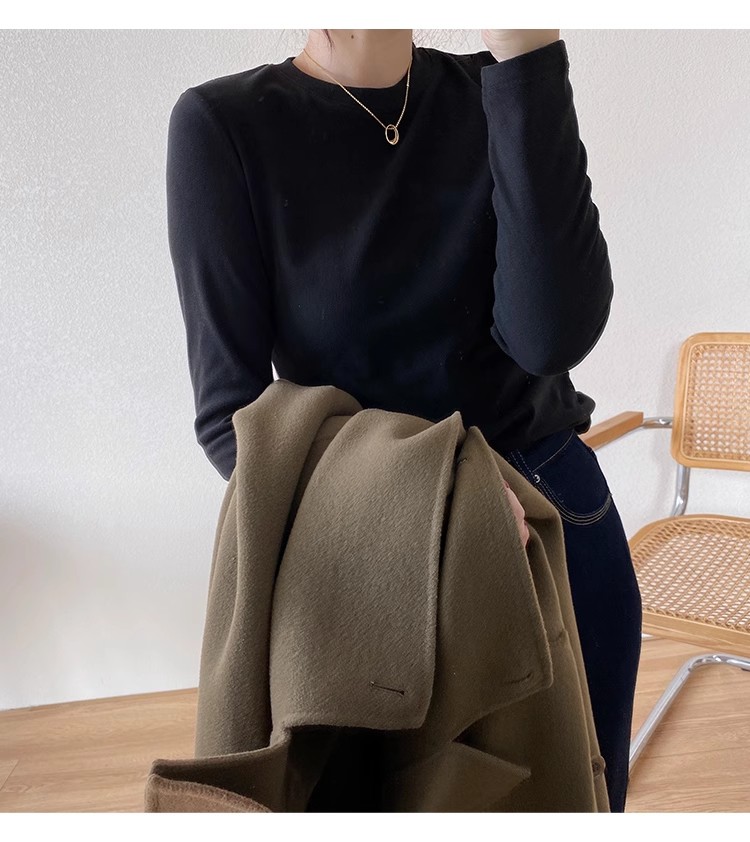 ファッショナブルな厚みのある両面フリースラウンドネック長袖 Tシャツ女性の秋冬ベースレイヤーシャツ起毛ホワイト