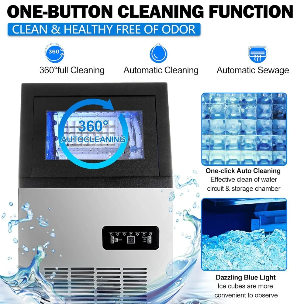 Commercial Ice Maker Machine, 90lbs/24H Ice Maker Machine with 33LBS Storage Bin, Stainless Steel Freestanding Ice Machine