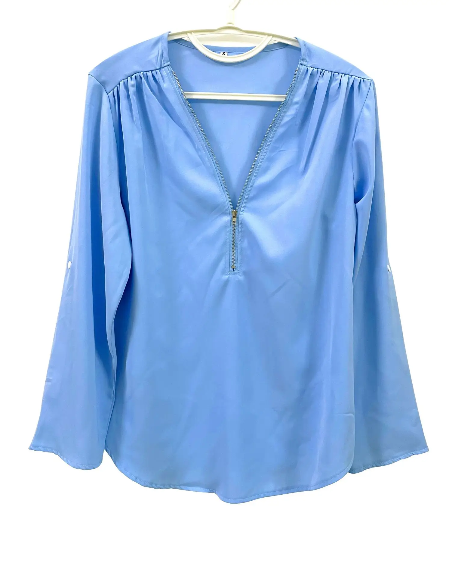 Camisa holgada fresca de verano para mujer, blusa de gasa con cuello de pico profundo, Tops informales para mujer, jersey Sexy con cremallera de talla grande, moda de manga larga