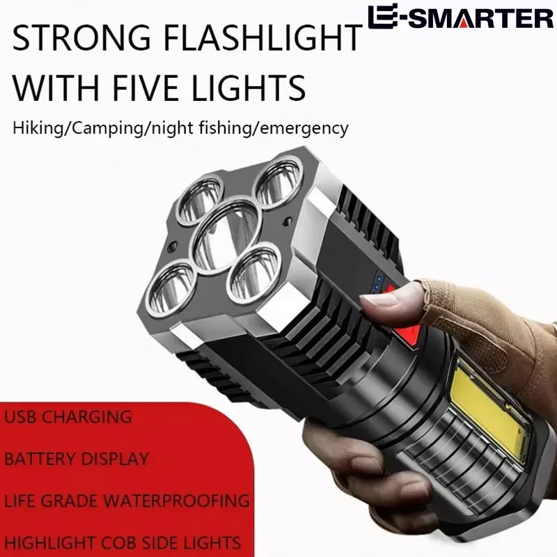 Linternas Led de alta potencia de 5LED, foco recargable para acampar con luz lateral, 3 modos de iluminación para acampar, aventura al aire libre