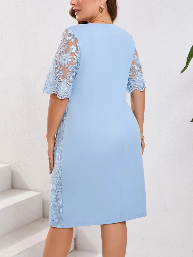 GIBSIE プラスサイズ刺繍レース半袖 O ネックドレス女性の夏秋のカクテルパーティーエレガントなボディコンミディドレス