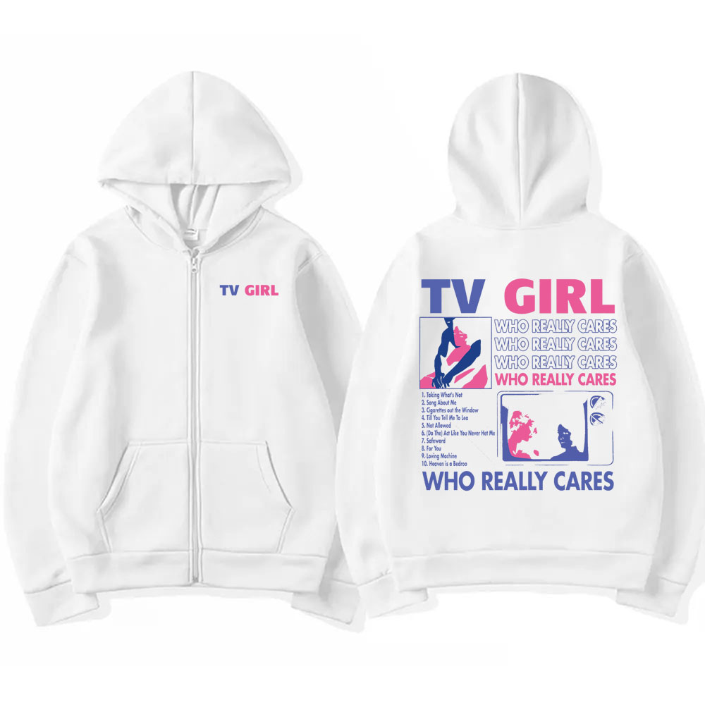 Sudadera con capucha con estampado gráfico de TV Girl Who Really Cares para hombre y mujer, chaqueta informal de gran tamaño con cremallera, sudaderas de lana para hombre